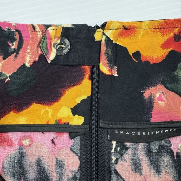 Grace Elements A-Line Skirt 8P Black Floral Cotton Pleated Pockets Zip Back - Picture 8 of 8